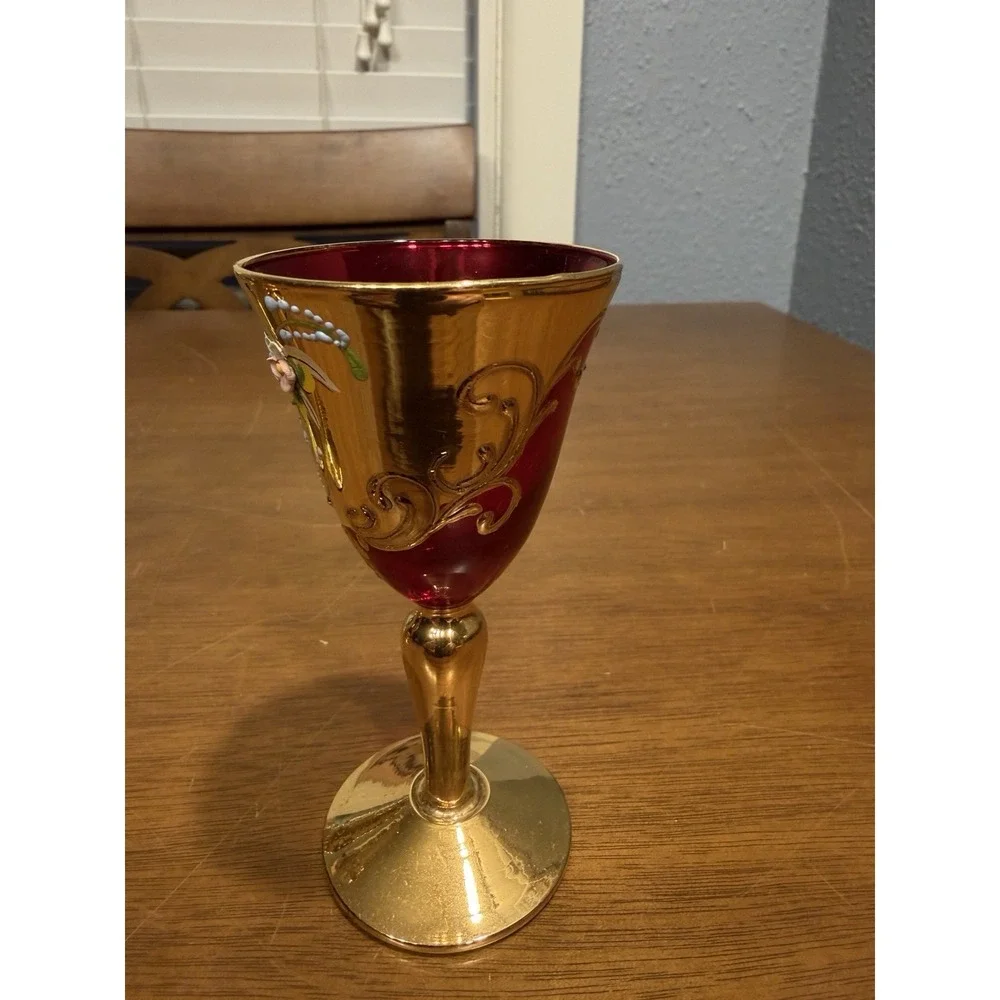 Lot Of 5 Vintage Handmade Murano Multi Color Gold Tre Fuochi Cordial Glasses